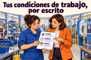 Trabajadora de fábrica recibe información escrita sobre salario, jornada y turnos conforme al RD 723/2026.